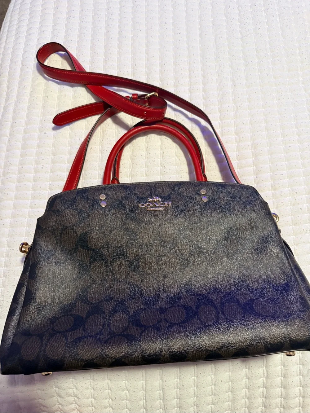 Coach Black Signature Satchel with Red Handles and Strap